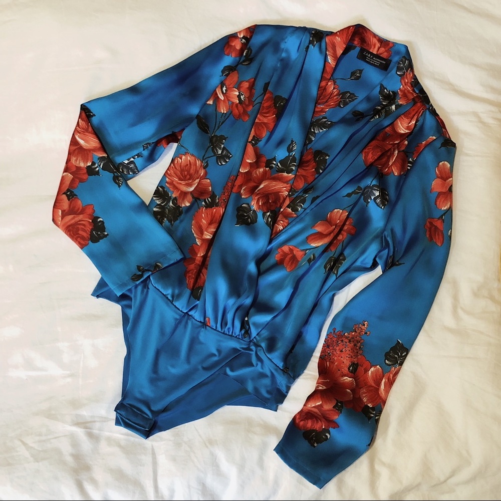 Silky blue, red rose bodysuit